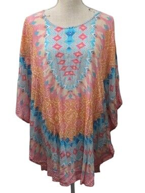Whispers Colorful Aztec-Print Women's Tunic in Pink, Blue & Orange